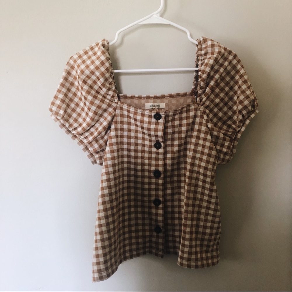 NWOT Gingham Jacquard Square-Neck Puff-Sleeve Top